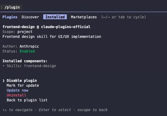 Screenshot of me installing the frontend-design plugin in Claude Code