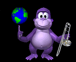 BonziBuddy spinning a globe and holding a trombone